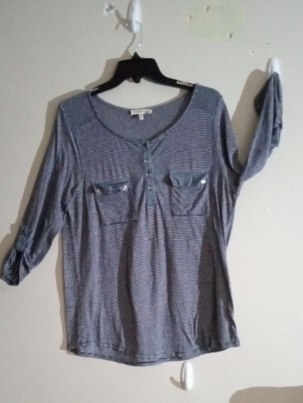 Faith and Joy Navy and White Striped Henley Long Sleeve Top